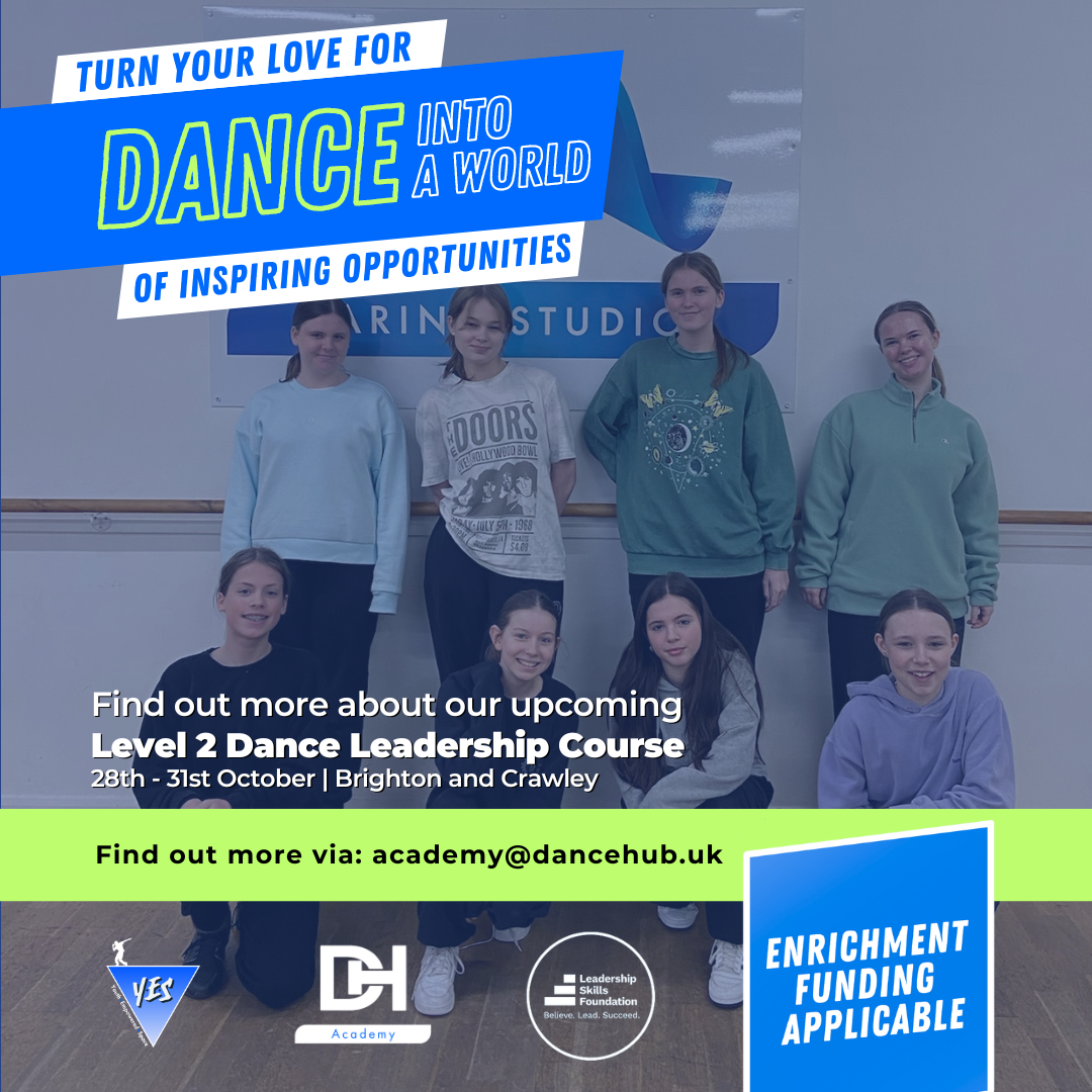 The graphic features attendees from a previous dance leadership course held at Marina Studios, with key course details displayed on top